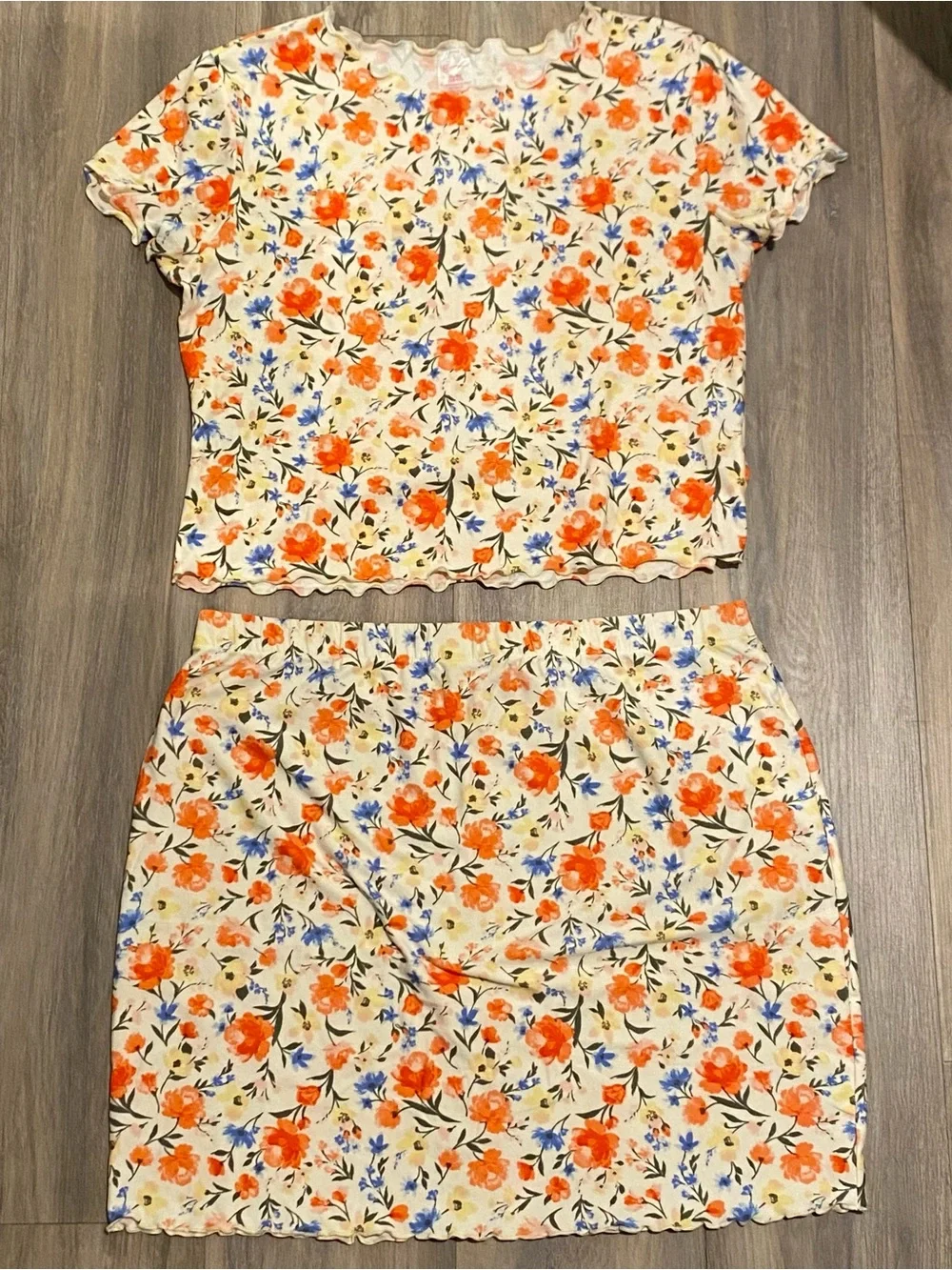 Floral Two-Piece Crop Top and Skirt Set - Orange & Blue Flowers